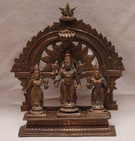 Three deities are represented in this bronze Hindu altar, which stands 6 inches high. Image courtesy of LiveAuctioneers Archive and Bill Hood & Sons Arts & Antiques Auctions.