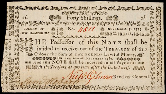 Ownership of the printing plate used to print this 1775 New Hampshire currency is in dispute. Image courtesy of LiveAuctioneers Archive and Early American History Auctions Inc.