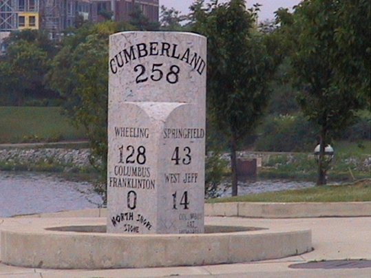 A milestone in Columbus, Ohio, marks the path of the National Road. Image courtesy of Wikimedia Commons.