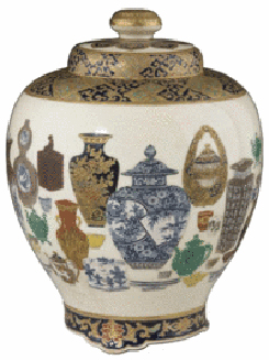 A retrospective of Japanese ceramic shapes is pictured on this Satsuma lidded jar made about 1920. The 10-inch jar with a lid sold for $7,000 at a Leland Little auction in Hillsborough, N.C.