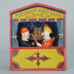 Punch and Judy cast-iron mechanical bank, circa-1884, Shepard Hardware, large letters, mint and bright, formerly in the collections of Larry Feld and Bill Bertoia. Estimate $15,000-$20,000. RSL Auction Co. image.