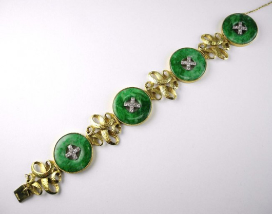 Gold jadeite and diamond bracelet, approximately 1 carat of diamonds, stamped ‘Birks, P.H.,’ circa 1950. Estimate: $2,000-$3,000. Image courtesy of A.H. Wilkens Auctions & Appraisals.
