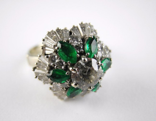 Emerald and diamond cocktail cluster ring, 14k white gold. Estimate: $3,500-$4,500. Image courtesy of A.H. Wilkens Auctions & Appraisals.