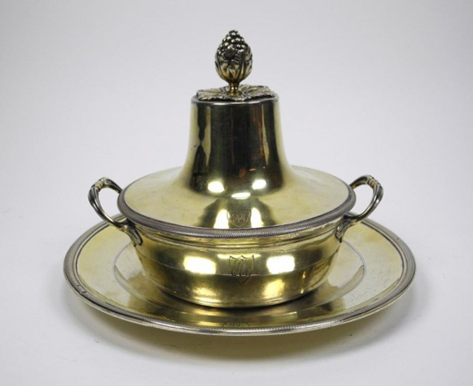 Eighteenth century silver gilt ecuelle, Paris, 1789, 8 inches in diameter, 6 1/4 inches high. Estimate: $4,000-$6,000. Image courtesy of A.H. Wilkens Auctions & Appraisals.