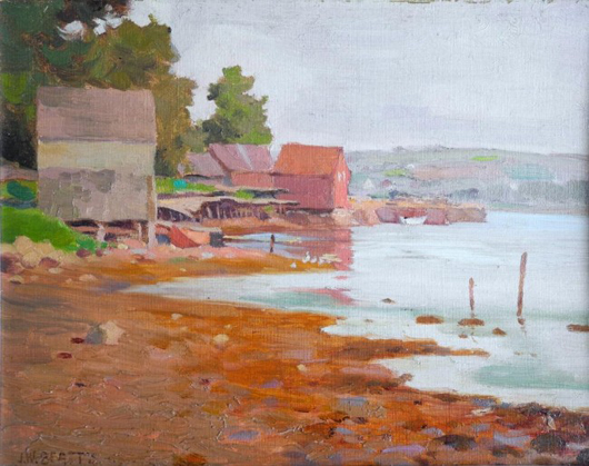 John William Beatty (Canadian 1869-1941) ‘Cottages on Shoreline,’ oil on canvas board, 9 x 11 1/2 inches. Estimate: $4,000-$6,000. Image courtesy of A.H. Wilkens Auctions & Appraisals.