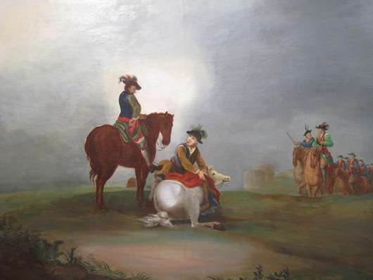 Monumental 19th century oil painting depicting soldiers, peasants and royal travelers in a landscape background, no apparent signatures, frame measures 80 inches x 58 inches. Estimate $2,000-$3,000. Image courtesy of Auctions Neapolitan.