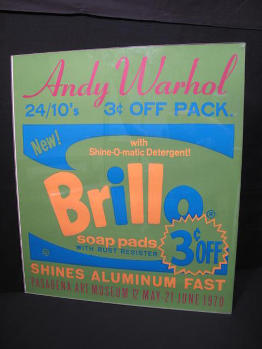‘Brillo’ poster after Andy Warhol, color screen print, unsigned, published for the Warhol exhibition at the Pasadena Museum of Art in 1970, 30 inches x 26 inches. Estimate: $600-$800.