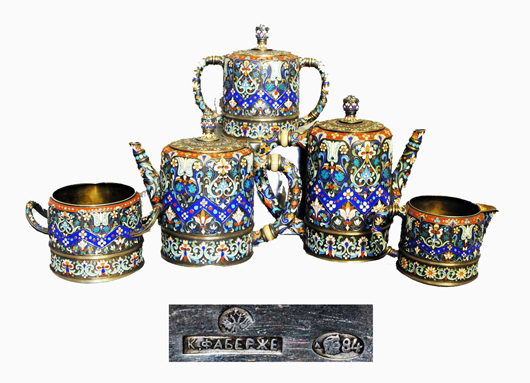 Faberge silver and enamel tea service (1908-1917) with imperial warrant. Image courtesy of Auction Gallery of the Palm Beaches.