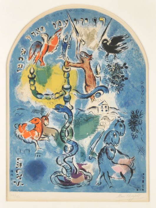 The limited edition color lithograph ‘The Tribe of Dan’ represents Marc Chagall’s design for a stained-glass window in a Jerusalem synagogue. Estimate: $8,000-$9,000. Image courtesy of Gray’s Auctioneers.
