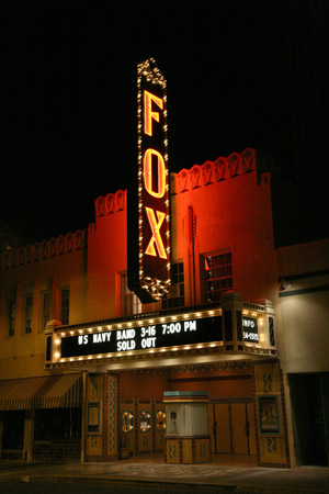 Neon tubes highlight the marquee on the Fox Theater in downtown Tucson. Image courtesy of Wikimedia Commons.