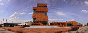 The red sandstone tower of the Museum Aan de Stroom in Antwerp stands 214 1/2 feet tall. This file is licensed under the Creative Commons Attribution-Share Alike 3.0 Unported, 2.5 Generic, 2.0 Generic and 1.0 Generic license.