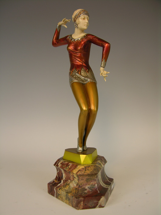 ‘F. Preiss’ cold painted bronze, ‘Charleston Dancer,’ 11 inches high on a 3 1/2-inch marble base. Estimate: $20,000-$30,000. Image courtesy of Antique Place.