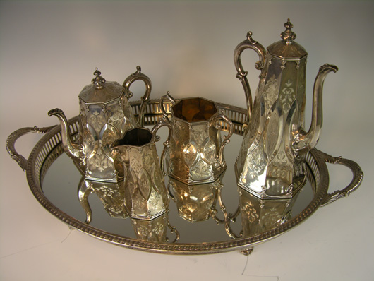 Four-piece English sterling silver tea and coffee service set by George Angell, date mark 1849, 74 troy ounces. Estimate: $4,000-$6,000. Image courtesy of Antique Place.