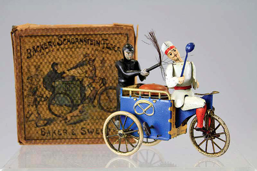 Lehmann Baker and Chimney Sweep clockwork toy, original box, est. $3,500-$4,500. Bertoia Auctions image.