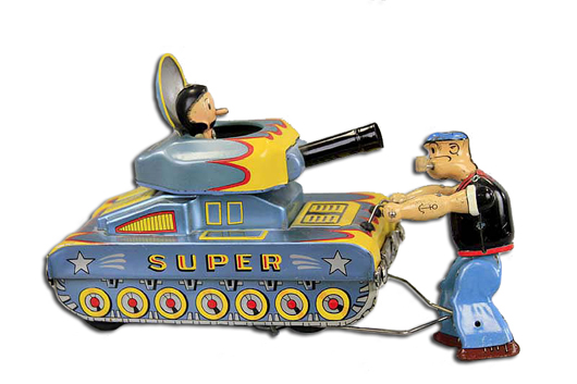 Linemar lithographed-tin, battery-operated Popeye Stopping Tank, est. $3,000-$3,500. Bertoia Auctions image.