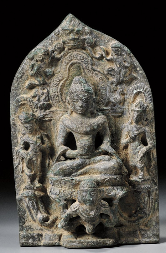 Bronze Buddhist stele, Burma, pagan, 12th century, 9 1/2 x 5 1/2 inches. Estimate: $8,000-$12,000. Image courtesy of Skinner Inc.