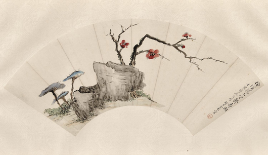 Fan painting, Jin Cai (1841-?), ink and color on paper, depiction of prunus branches, lingzhi fungus plants, and rockery, inscribed, signed 'Xianiu Jin Cai,' dated autumn in renyin year (1902), 20 1/4 x 6 3/4 inches. Estimate: $600-$800. Image courtesy of Skinner Inc.