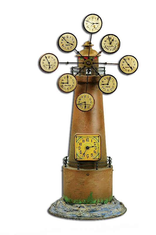 Lighthouse clock made by German toymaker Doll et Cie., with celluloid main clock face and world time clocks as windmill blades, est. $5,000-$7,000. Bertoia Auctions image.