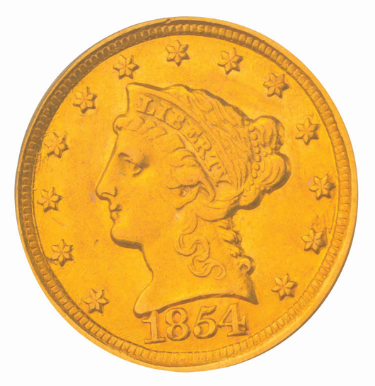 1854-D $2.50 gold Liberty Quarter-Eagle, AU-58. Provenance: the Ashland City (Tenn.) Collection of branch mint gold coins, $23,600. Morphy Auctions image.   