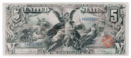 1896 $5 silver certificate, $3,540. Morphy Auctions image.