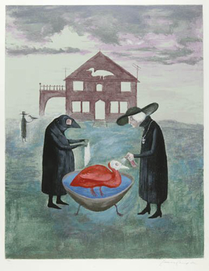 Leonora Carrington, Bird Bath, color lithograph, 1974, sold at Swann Auction Galleries on Sept. 14, 2004. Image courtesy of LiveAuctioneers.com Archive and Swann Auction Galleries.