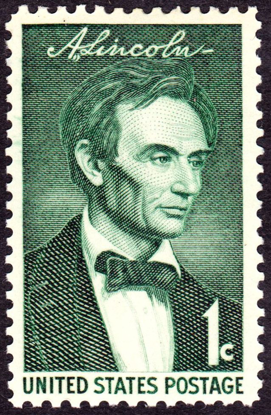 The 1959 commemorative Abraham Lincoln stamp is based on George Healy’s portrait. Image courtesy of Wikimedia Commons.