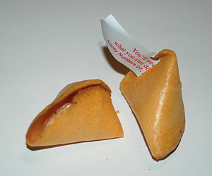An opened fortune cookie. Photo by Lorax, licensed under the Creative Commons Attribution-Share Alike 3.0 Unported license.
