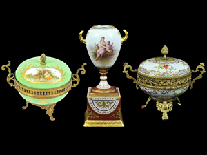 Selection of hand-painted porcelain potpourris. Morton Kuehnert image.