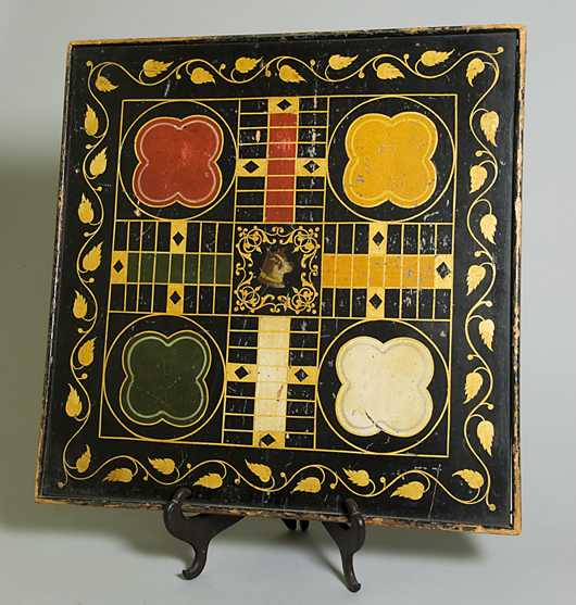 Elisha Otis handpainted game board, signed and dated 1877. Provenance: Made by John Hall, inventor and engineer for Elisha Otis of Otis Elevator co., with descent through family. Est. $2,000-$3,000. Image courtesy of S.B. & Co.