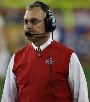 Caption: Jim Tressel at the 2009 Fiesta Bowl. This file is licensed under the Creative Commons Attribution 2.0 Generic license.