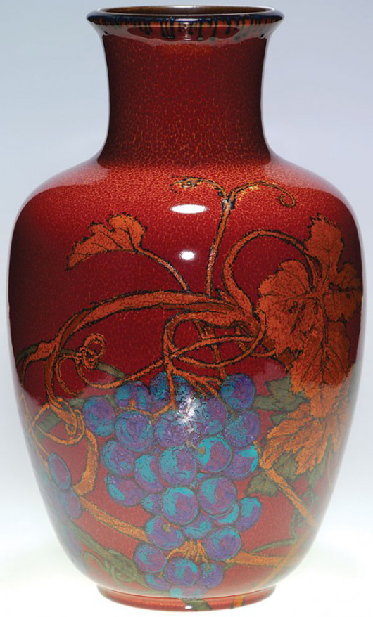 Decorated Porcelain Rookwood vase by John Wareham in 1924, 17 1/2 inches tall. Estimate: $8,000-$10,000. Image courtesy of Humler and Nolan.