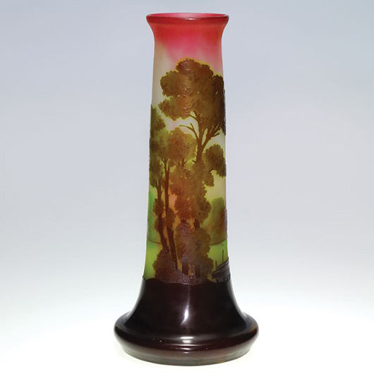 Galle four-color cameo vase, 14 inches tall, with logo that reads 'Fabrication Francaise' and the Cross of Lorraine acid pressed beneath the base. Estimate: $2,500-$3,000. Image courtesy of Humler and Nolan.