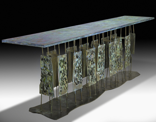 Philip and Kelvin LaVerne console table, United States, 1962. Estimate: $15,000-$25,000. Image courtesy of Rago Art and Auction Center.