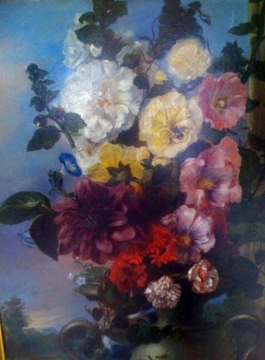 George Lance oil on canvas still life, 21 x 17 inches, est. $2,500-$3,500. Tonya A. Cameron Auctioneers image.