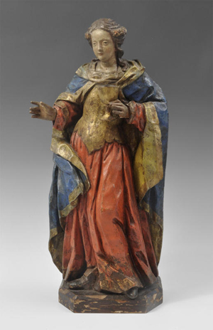 Circa-17th-century AD polychrome-painted, carved wood statuette of Santa Barbara, formerly in the Aston Collection, 48 cm. (18.9 in.). Estimate £3,000-£5,000 ($4,900-$8,200). TimeLine Auctions image.