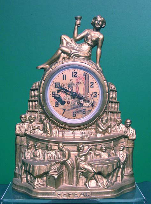 United Electric Clock Corp. of Brooklyn, N.Y., produced this ‘Repeal’ Prohibition clock in the early 1930s. It stands 13 1/2 inches high. Image courtesy of LiveAuctioneers Archive and William J. Jenack Auctioneers.