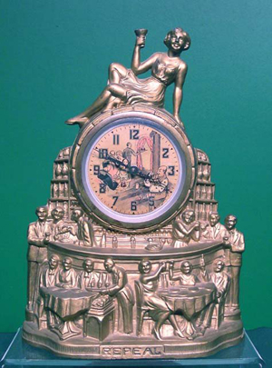 United Electric Clock Corp. of Brooklyn, N.Y., produced this ‘Repeal’ Prohibition clock in the early 1930s. It stands 13 1/2 inches high. Image courtesy of LiveAuctioneers Archive and William J. Jenack Auctioneers.