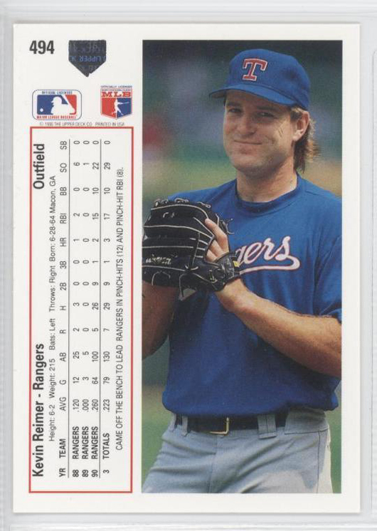 Back of 1991 Upper Deck #494 Kevin Reimer baseball card. Image courtesy of www.CheckOutMyCards.com.