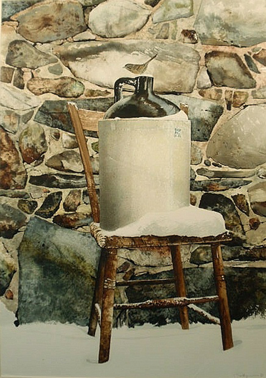 Peter Sculthorpe (American, 1948-) watercolor painting of a winter scene with a large stoneware jug sitting on a chair in front of a stone building wall, signed ‘P. Sculthorpe,’ and on studio label verso titled ‘Country Comfort’ and dated 1978, 40 1/2 x 28 1/2 inches. Estimate: $2,000-$3,000.  Image courtesy of Wiederseim Associates Inc.