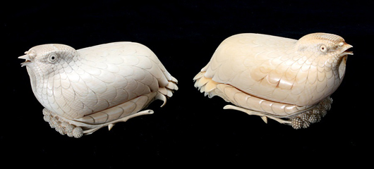 A pair of fine ivory quail form boxes, Qing Dynasty, circa 1800. Estimae: $12,000-$18,000. Image courtesy of Michaan’s Auctions.