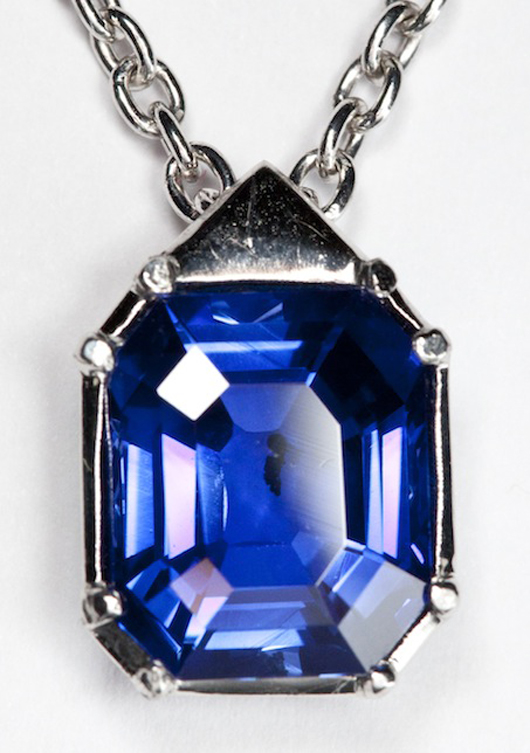 Natural blue sapphire pendant, untreated, weighing 5.01 carats (est. $7,000-$14,000). Image courtesy of Leland Little Auction & Estate Sales Ltd.