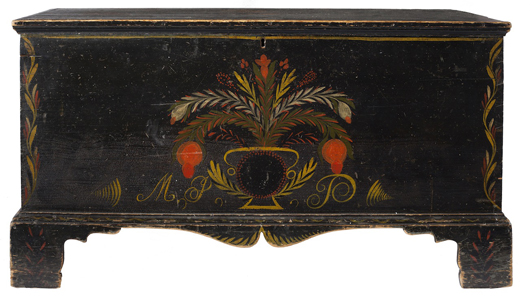 Mary Jane Pearson's paint-decorated blanket chest, Chatham County, N.C., 1840s (est. $10,000- $15,000). Image courtesy of Leland Little Auction & Estate Sales Ltd.