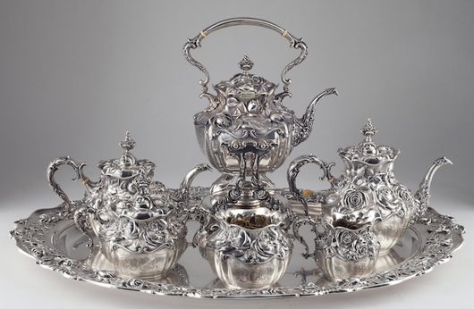 Whiting sterling silver tea and coffee service in a hand-chased Art Nouveau design (est. $8,000-$12,000). Image courtesy of Leland Little Auction & Estate Sales Ltd.