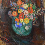Abraham Manievich (Russian, 1881-1942), Still Life with Green Vase and Flowers (verso: Winter Village Scene), est. $20,000-$30,000. Trinity International image.