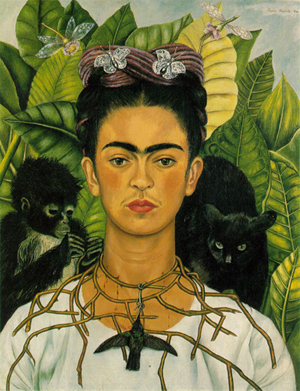 Frida Kahlo (Mexican, 1907-1954) painting titled 'Autorretrato con Collar de Espinas y Colibri' ('Self-portrait with Thorn Necklace and Humming-bird') from the Nickolas Muray Collection, Harry Ransom Center, The University of Texas at Austin. Fair use of low-resolution copyrighted image.