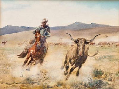 Edward Borein (1875-1945), ‘California Vaquero,’ watercolor, 14 5/8 x 19 5/8 inches, framed to 31 ½ x 28 inches. Estimate: $60,000-$90,000. Image courtesy of Brian Lebel’s Old West Show & Auction.