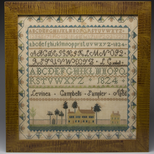 Dated 1824 Virginia ‘Yellow House’ sampler by Levina, Campbell. Estimate: $8,000-$12,000. Image courtesy of Jeffrey S. Evans & Associates.