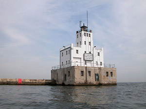 The Art Deco-style Milwaukee Breakwater Lighthouse went into service in 1926. This work is licensed under the Creative Commons Attribution-ShareAlike 3.0 License.