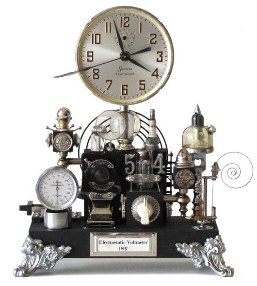 The Steampunk movement flourishes through inventive repurposing: old elements find new uses. 'Nemo’s Steampunk Clock/Electrostatic Voltmeter' is the time-telling creation of Roger Wood; see more of his designs at www.klockwerks.com. Image courtesy Klockwerks.