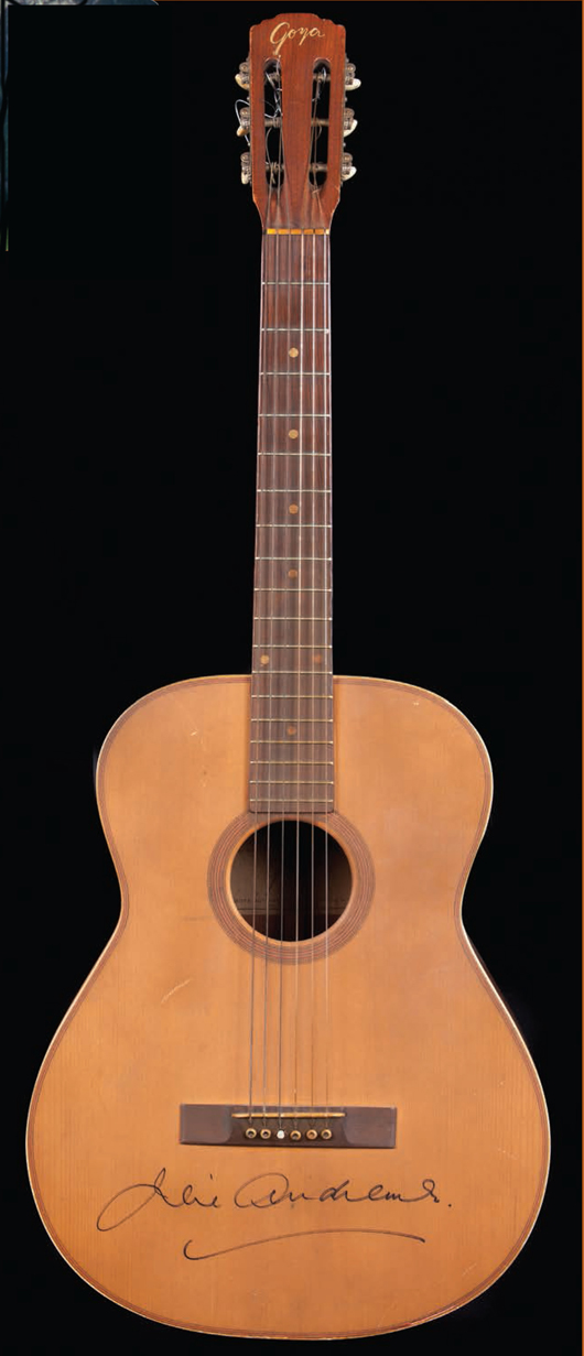 Julie Andrews’ guitar from the 1965 20th Century Fox release of The Sound of Music is expected to bring $20,000-$30,000. Image courtesy of Profiles in History.